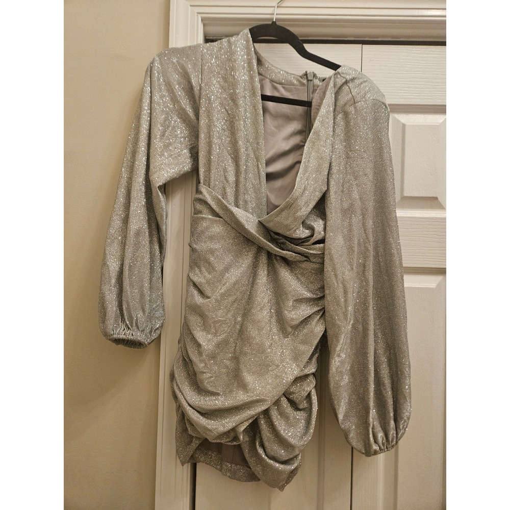 Babyboo Fashion Estelle Mini Dress Silver Glitter Metallic Ruched Long Sleeve S
